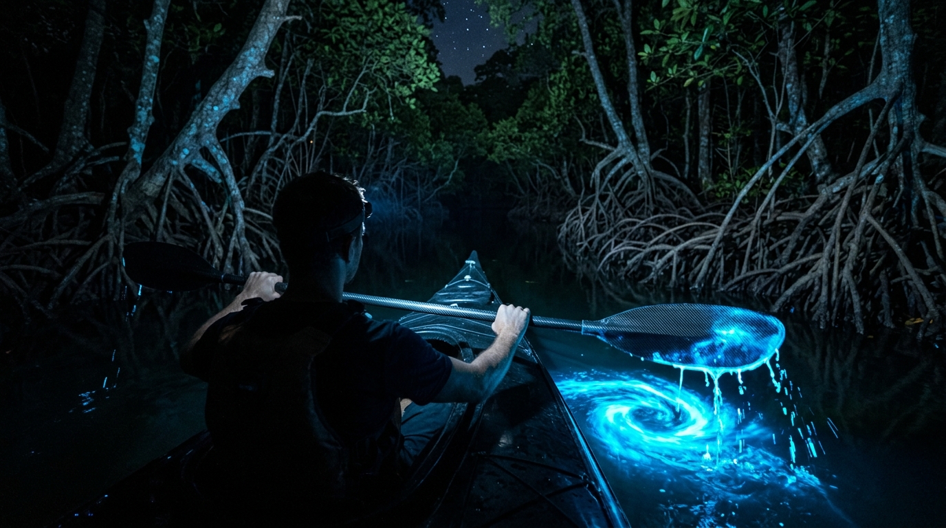 A magical glowing shore representing beautiful bioluminescent beaches in India at night