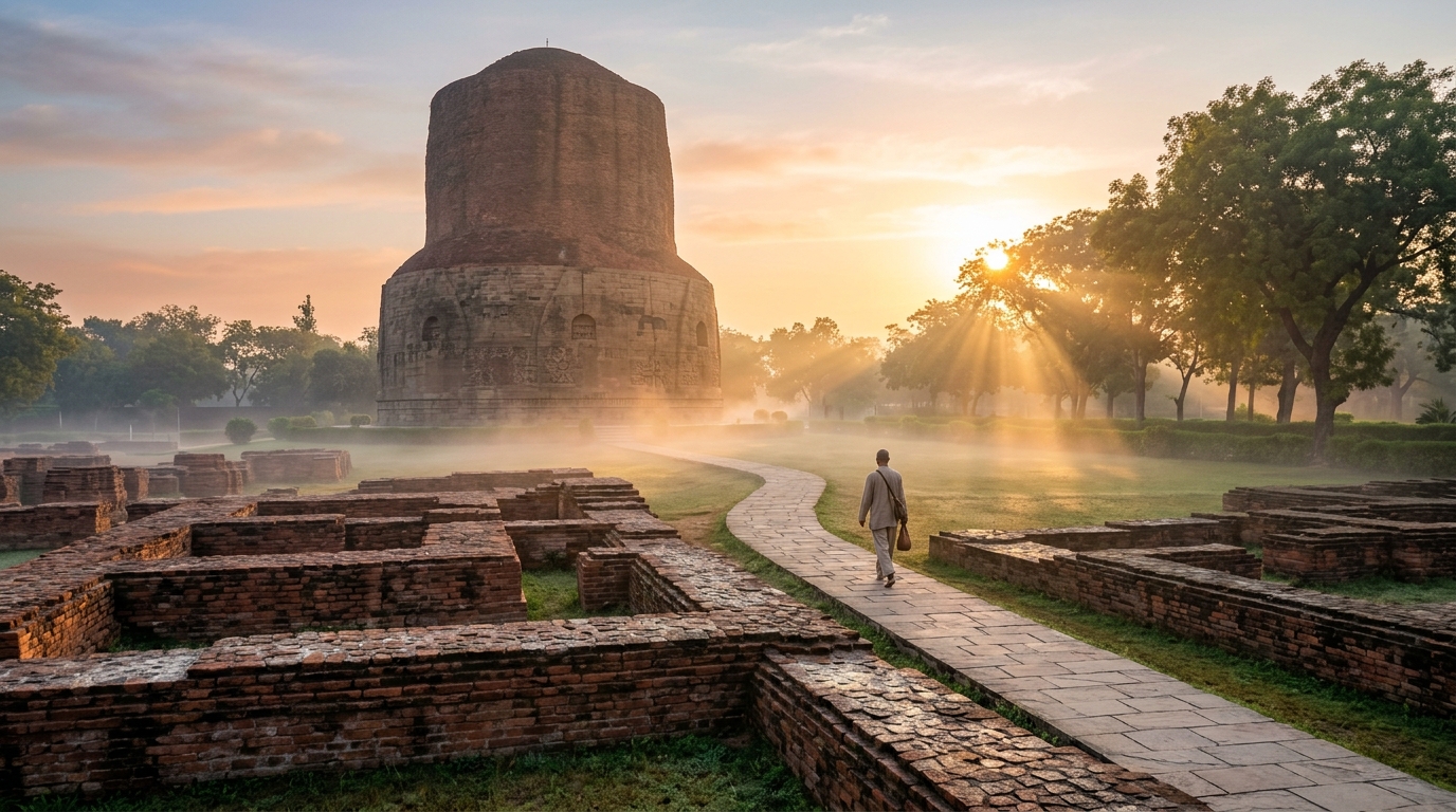 The majestic Mahabodhi Temple at Bodh Gaya, a primary highlight of Buddhist pilgrimage tour packages in India