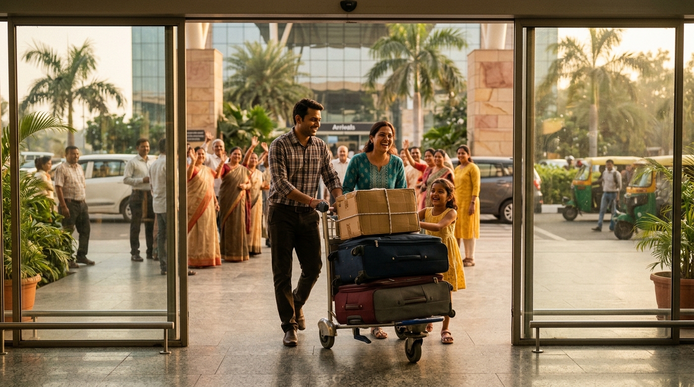 Rules for Carrying TV in Flight to India: Customs Duty & Baggage Guide 2 Passengers retrieving oversized luggage including a boxed TV at the airport baggage carousel