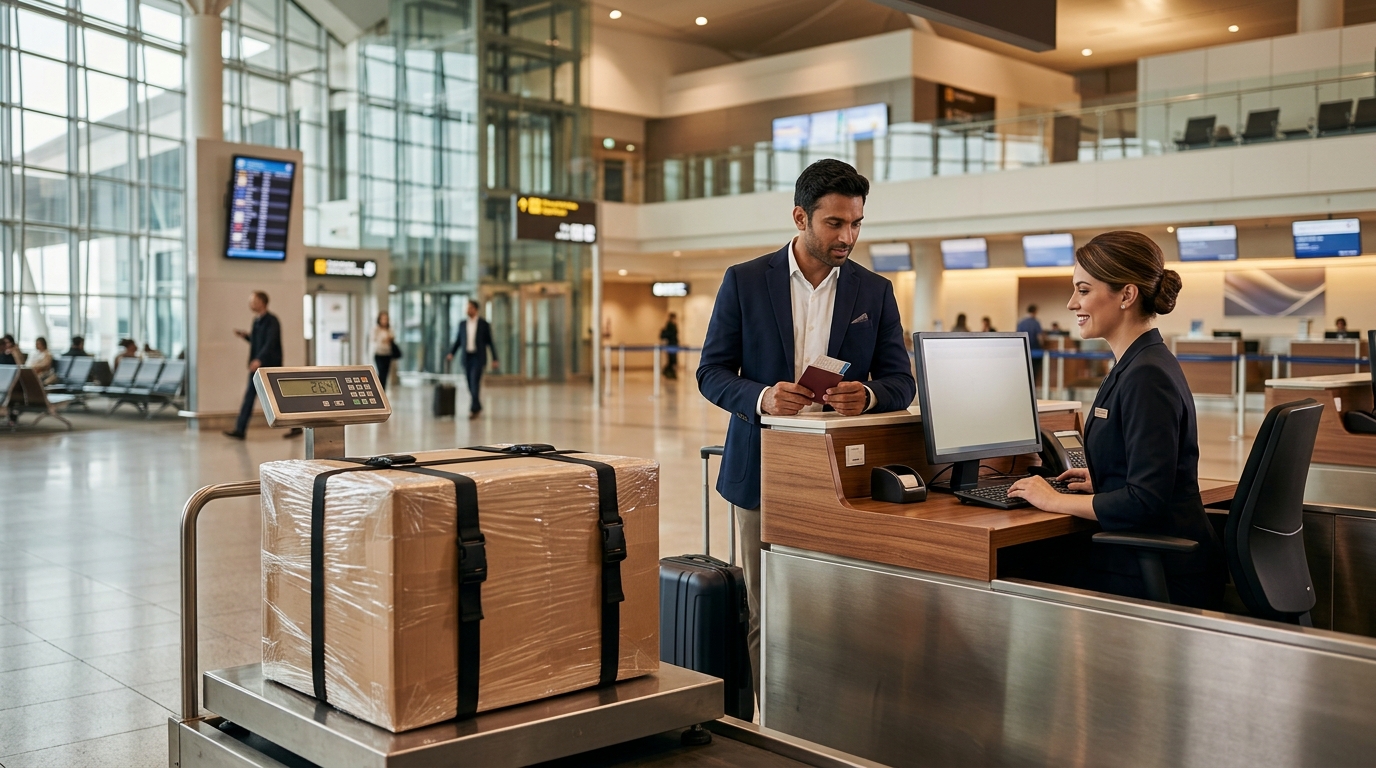 Rules for Carrying TV in Flight to India: Customs Duty & Baggage Guide 1 A flat-screen television packed in a cardboard box ready for an international flight to India