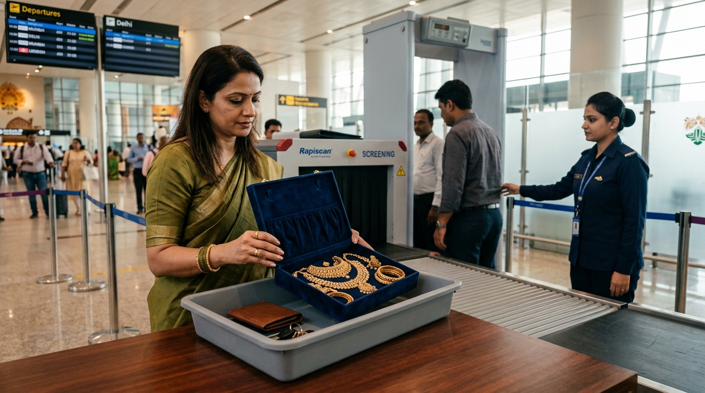 Gold jewelry and accessories packed neatly in hand baggage for an Indian domestic flight