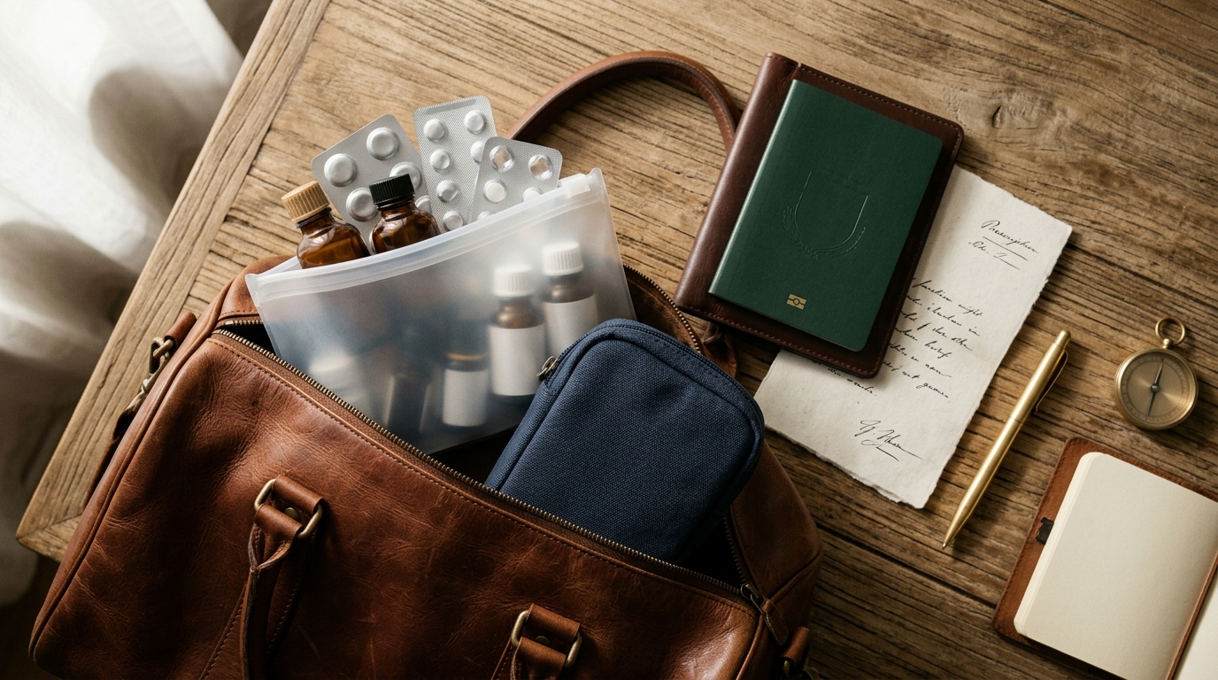Carrying Medicines on International Flights from India: Complete Rules & Customs Guide 1 Traveler checking prescription documents and medicine bottles before an international flight from India