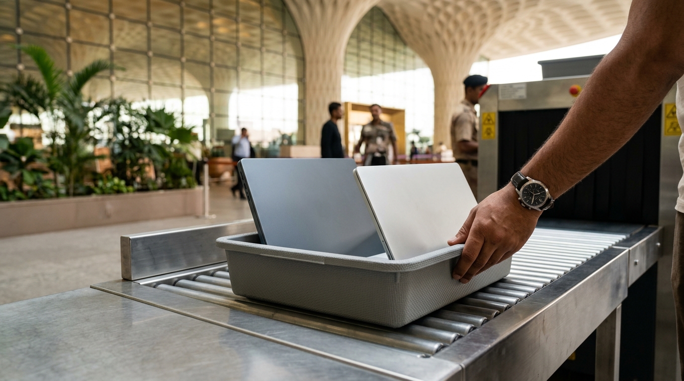 A traveler talking to airport customs officers at the counter