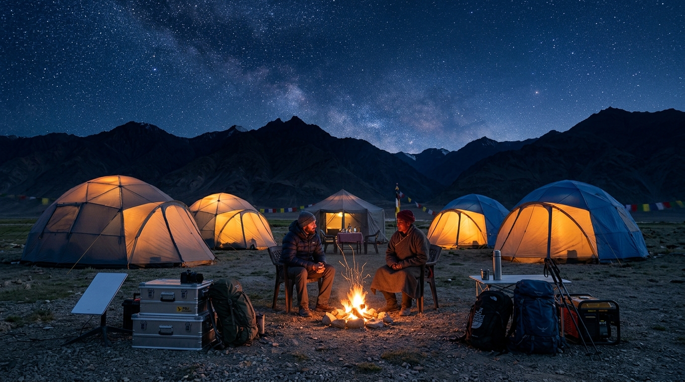 Setting up campsite and planning routes for cryptocurrency tourism in India