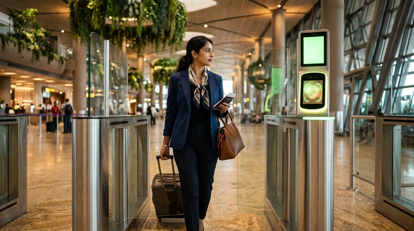 DigiYatra biometric gate scanner for international flights at Indian airport terminal