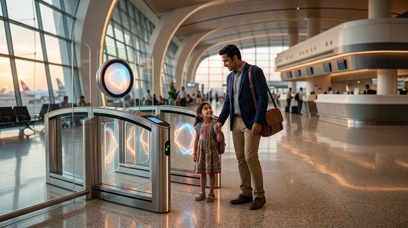 A child and parent passing through a DigiYatra biometric e-gate at an Indian airport terminal