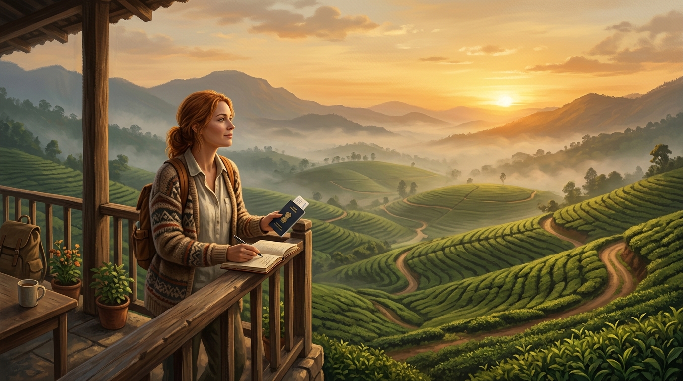 A relaxed traveler holding a passport while overlooking lush green tea plantations at sunset.