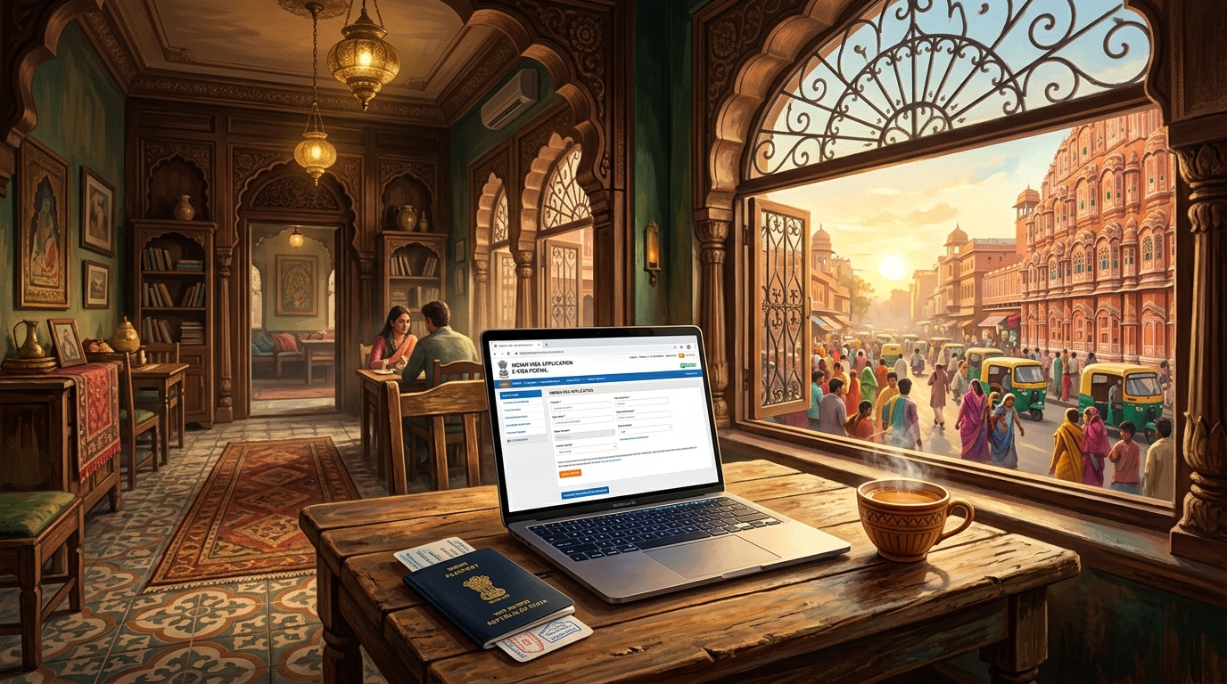 A laptop showing an e-FRRO portal page on a table next to a passport.