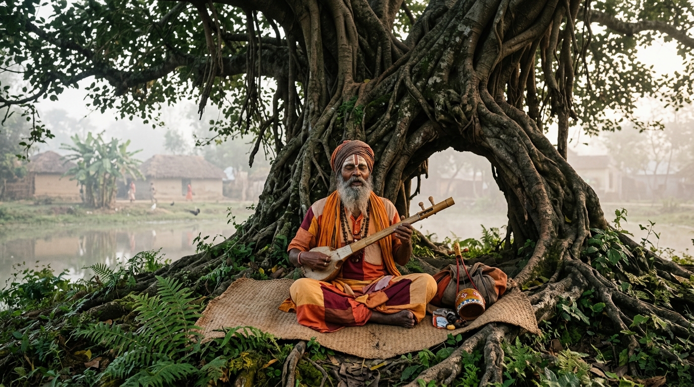 Folk musicians in India performing with traditional instruments during an ethnomusicology field research tour
