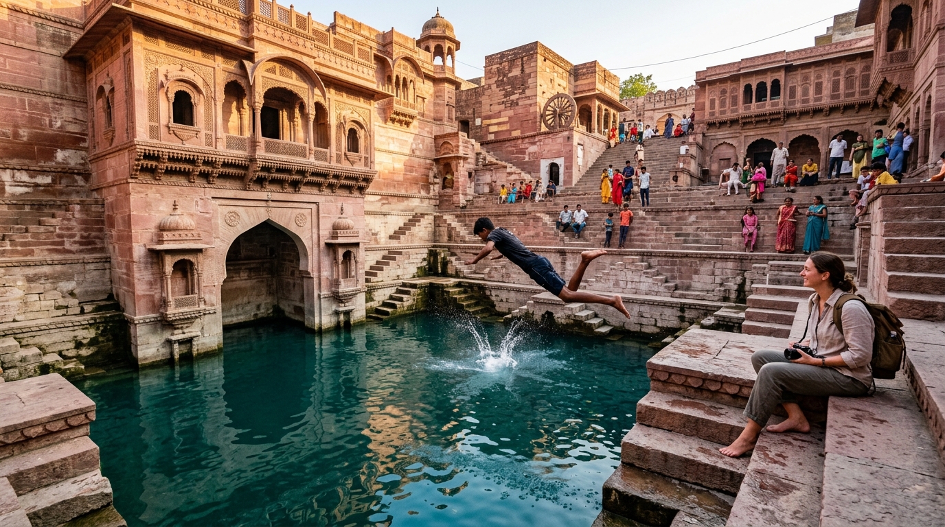 Symmetrical geometric stone steps of Chand Baori stepwell in Rajasthan