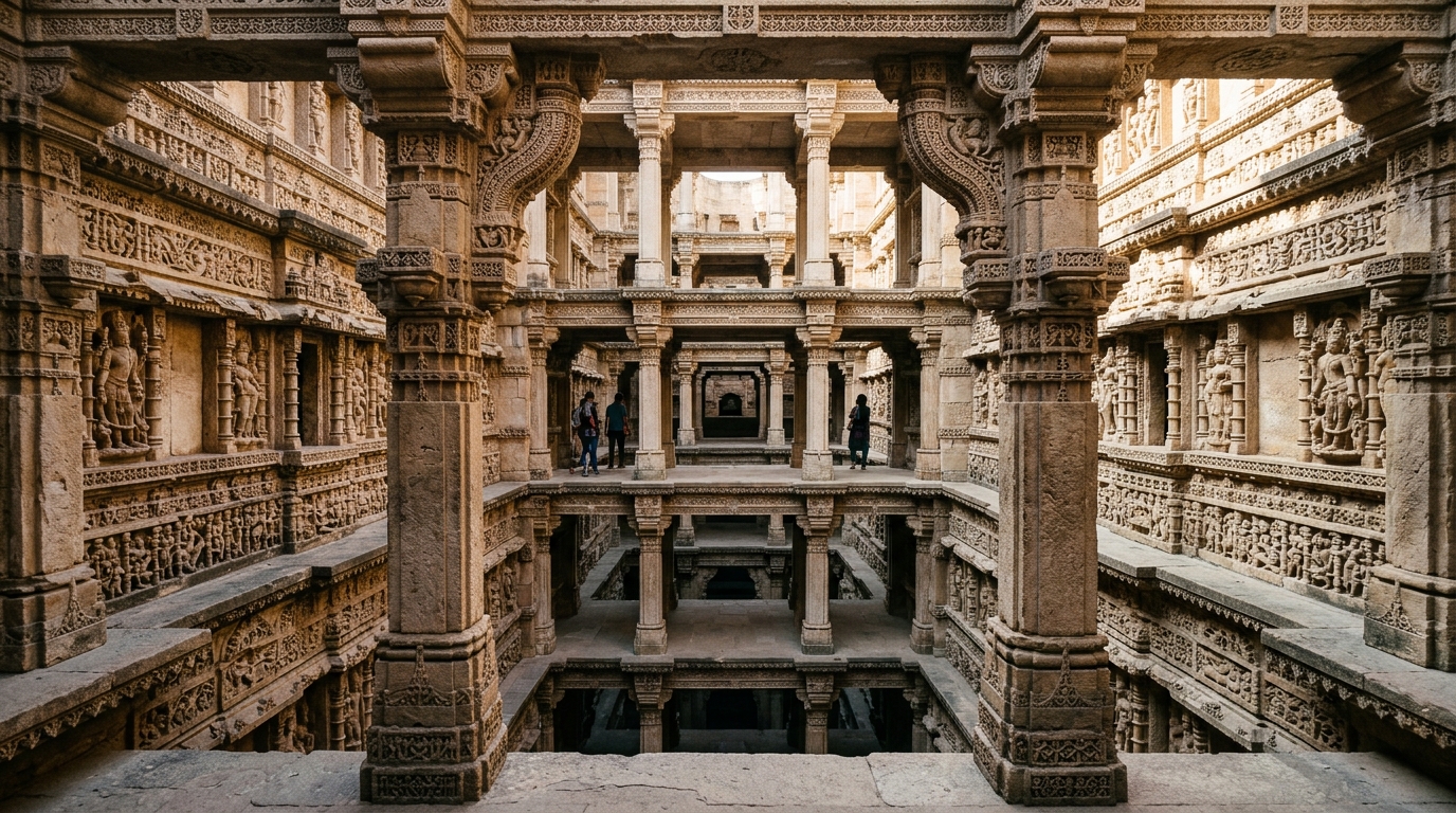 Intricate architectural pillars and stone relief carvings inside Rani ki Vav stepwell