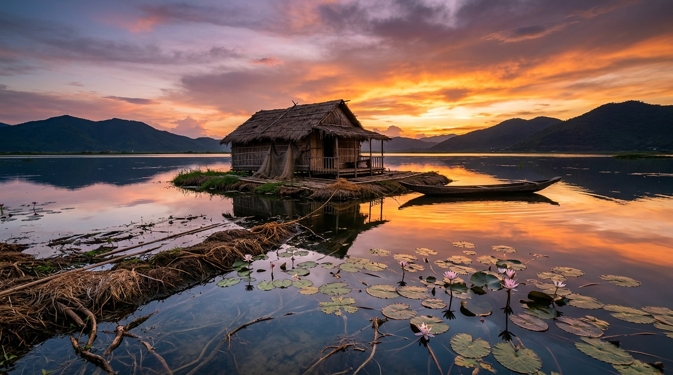 Discover Keibul Lamjao: The Ultimate Guide to the Only Floating National Park in India 2 A picturesque landscape view of Loktak Lake with its characteristic phumdis, the backdrop of Manipur hills, and fishing settlements