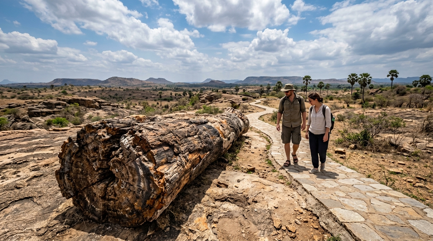 Discover India's Ancient Past: An Ultimate Guide to Fossil Parks 1 An outdoor trail showcasing ancient petrified tree trunks at a fossil park in India