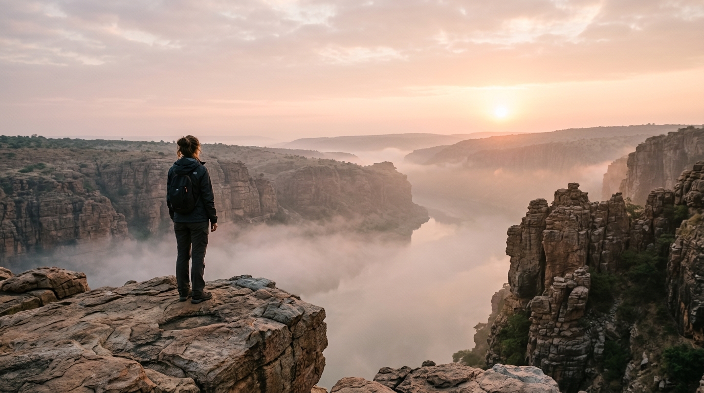 A scenic view of Gandikota Fort and Pennar River gorge at sunset