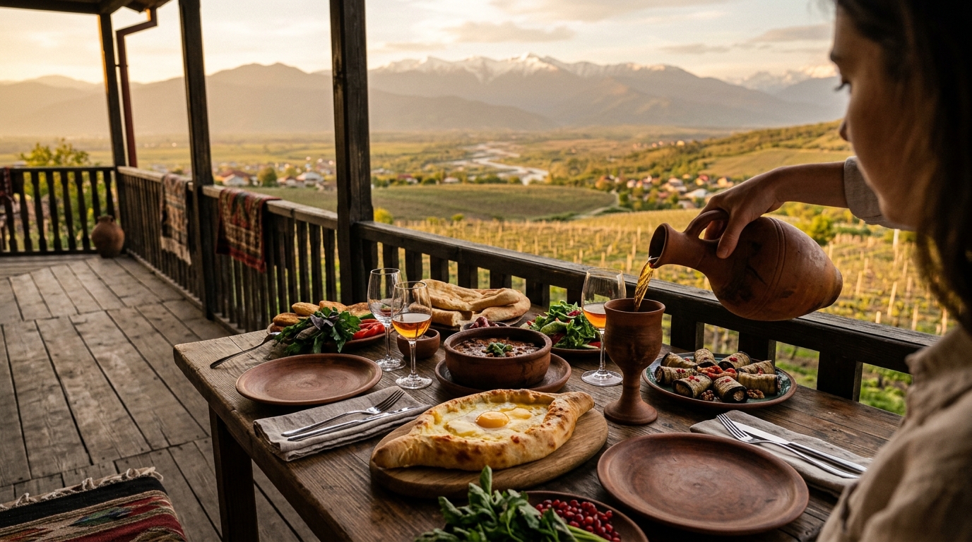 Delicious Georgian culinary specialties including cheese-filled Khachapuri and traditional dumplings