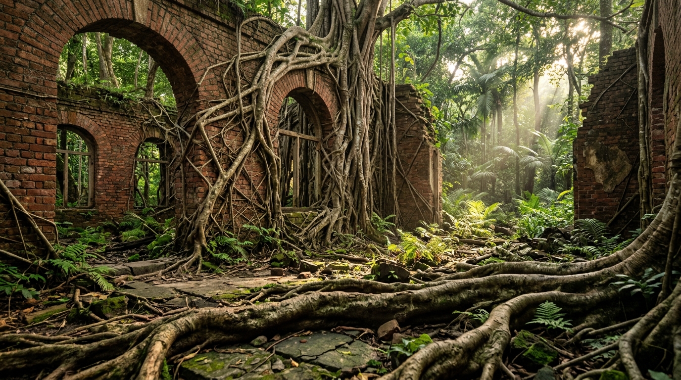 Discover India's Eerie Past: Unveiling the Most Fascinating Ghost Towns 2 Overgrown British penal ruins with giant tree roots on Netaji Subhash Chandra Bose Island, India