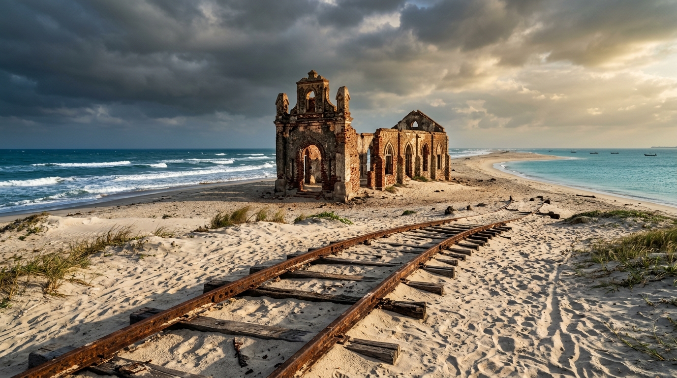 Discover India's Eerie Past: Unveiling the Most Fascinating Ghost Towns 1 Skeletal stone ruins of a colonial-era church in Dhanushkodi, Tamil Nadu, a famous ghost town in India
