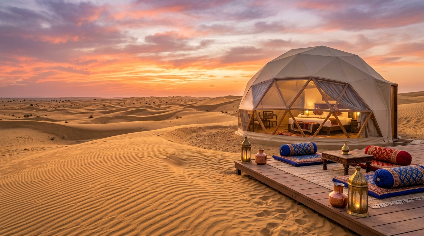 A luxury geodesic dome tent setup for premium glamping in India