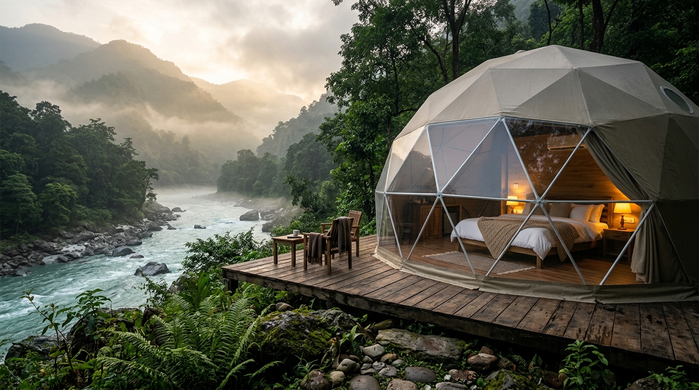 Luxury safari tents lit at dusk in a glamping resort in India
