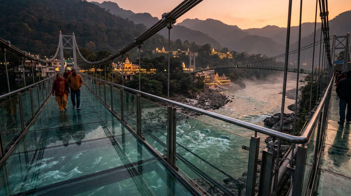 A safe and modern glass bridge in India suspended above a lush forest
