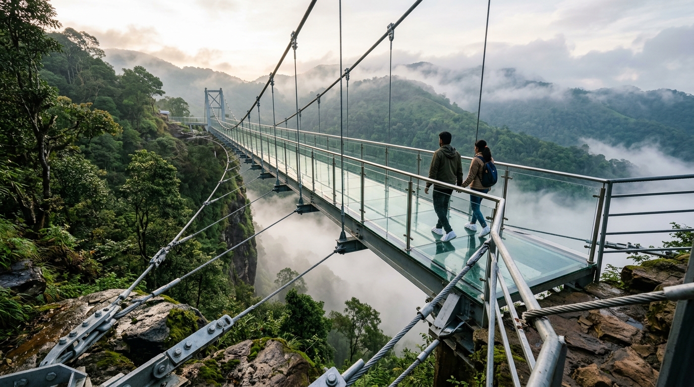 Vagamon Glass Bridge in Kerala suspended over Kolahalamedu hills