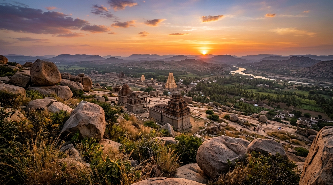 A breathtaking sunset over the rocky boulder-strewn landscape and heritage ruins of Hampi