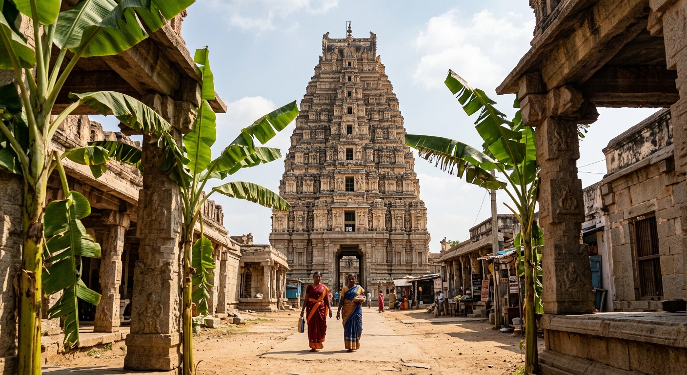 Spectacular ancient stone temple ruins and structural pillars of Hampi Karnataka