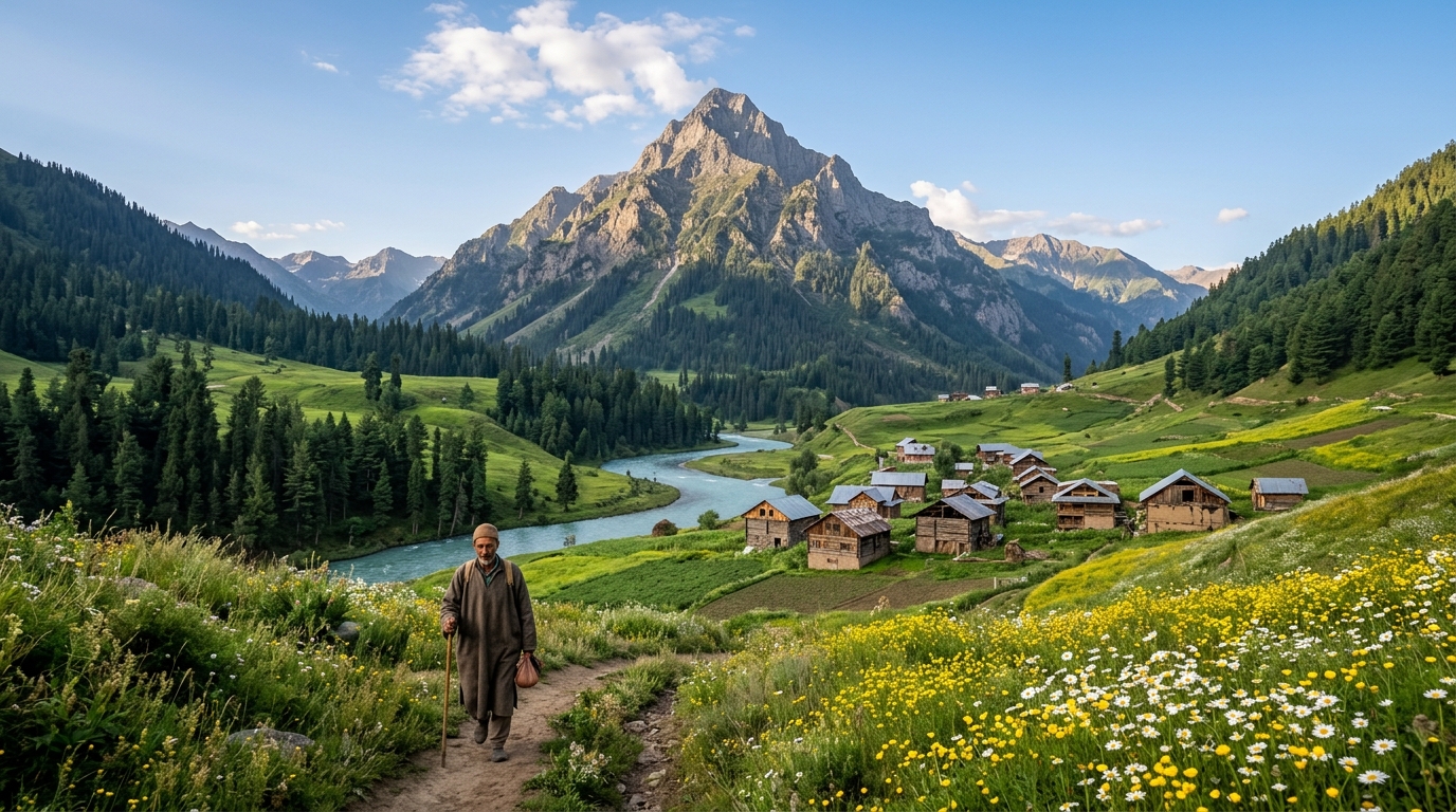 A scenic view of lush green valleys and high-altitude natural landscapes showcasing pristine hidden tourist places in India