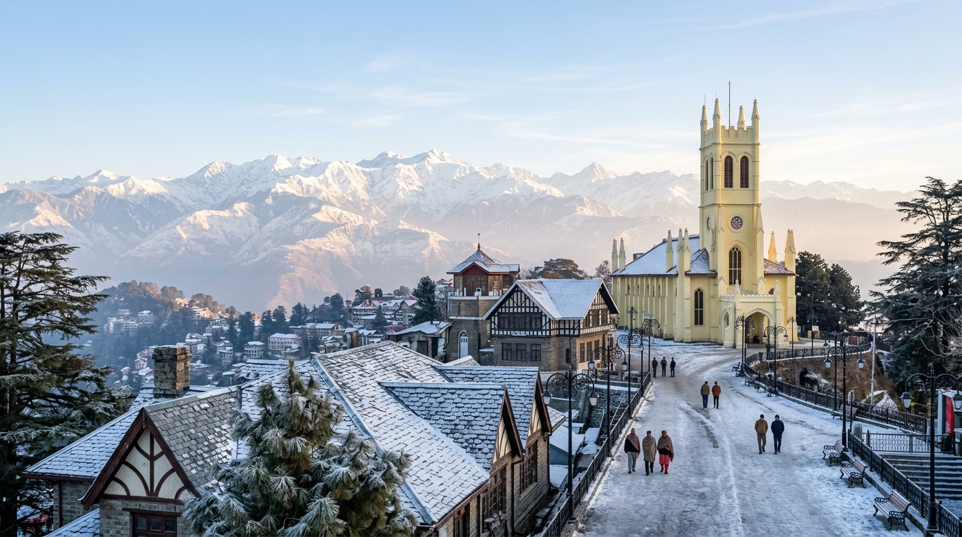 A breathtaking scenic view of misty mountains and colonial heritage buildings in Shimla, a popular hill station in India