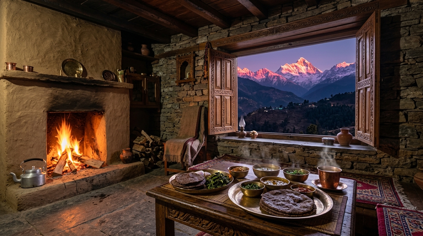 A warm, cozy homestay room with wooden interiors overlooking Himalayan mountains