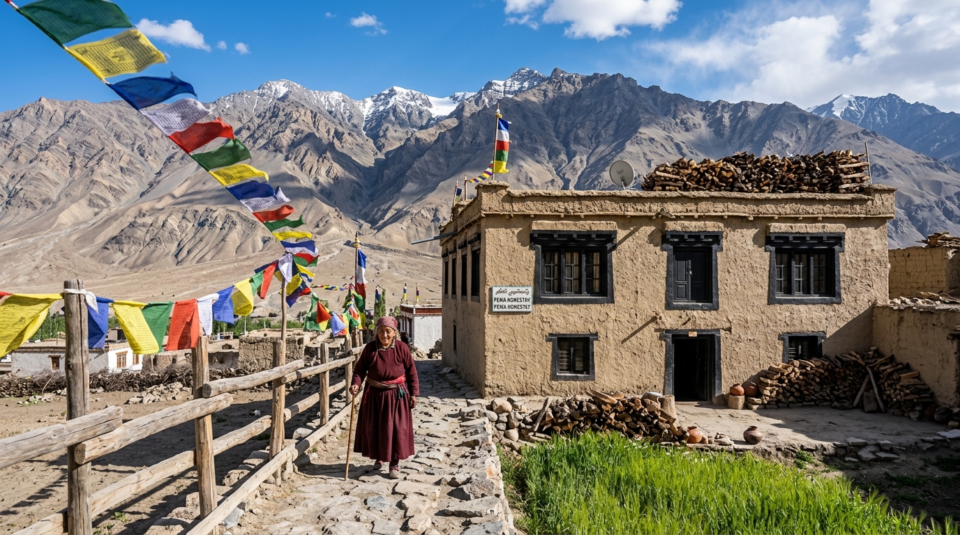 A serene traditional wooden Himalayan homestay surrounded by green mountain ranges