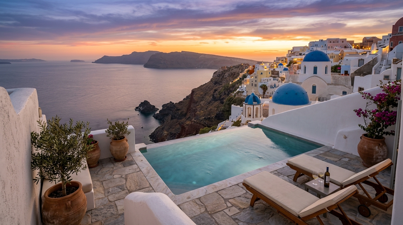 A newlywed couple planning their dream trip using travel guides and maps