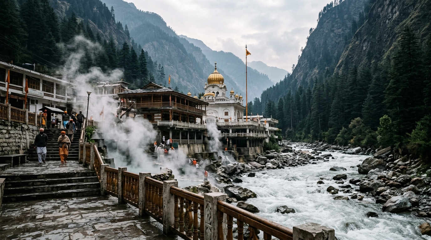 Natural hot springs in India surrounded by mountains