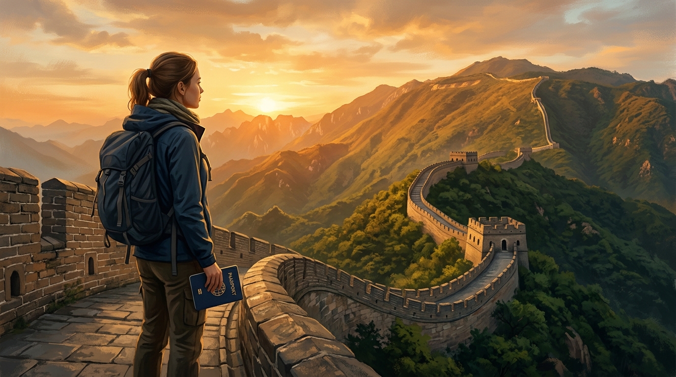 A traveler enjoying a sunset view from the Great Wall of China after securing travel documents.