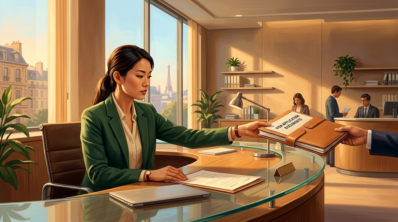 A traveler presenting neatly organized documents at a professional visa application service center counter.