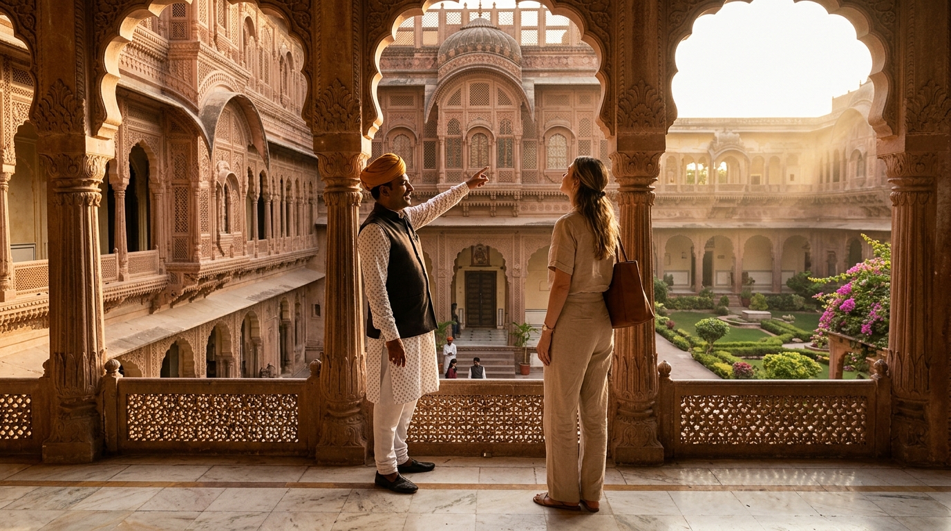 Step by step travel consultant helping client understand how to book a tour package