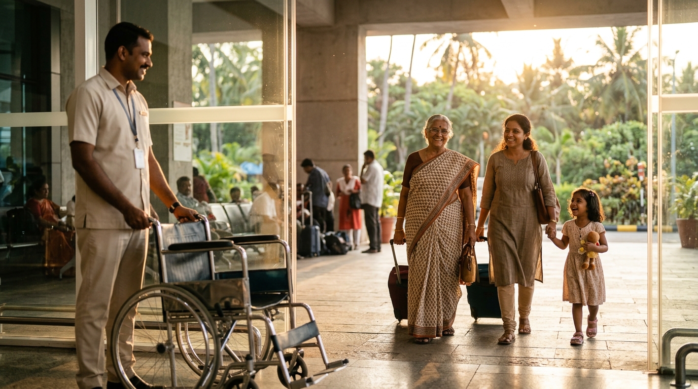 Elderly passenger using wheelchair assistance to board a flight in India