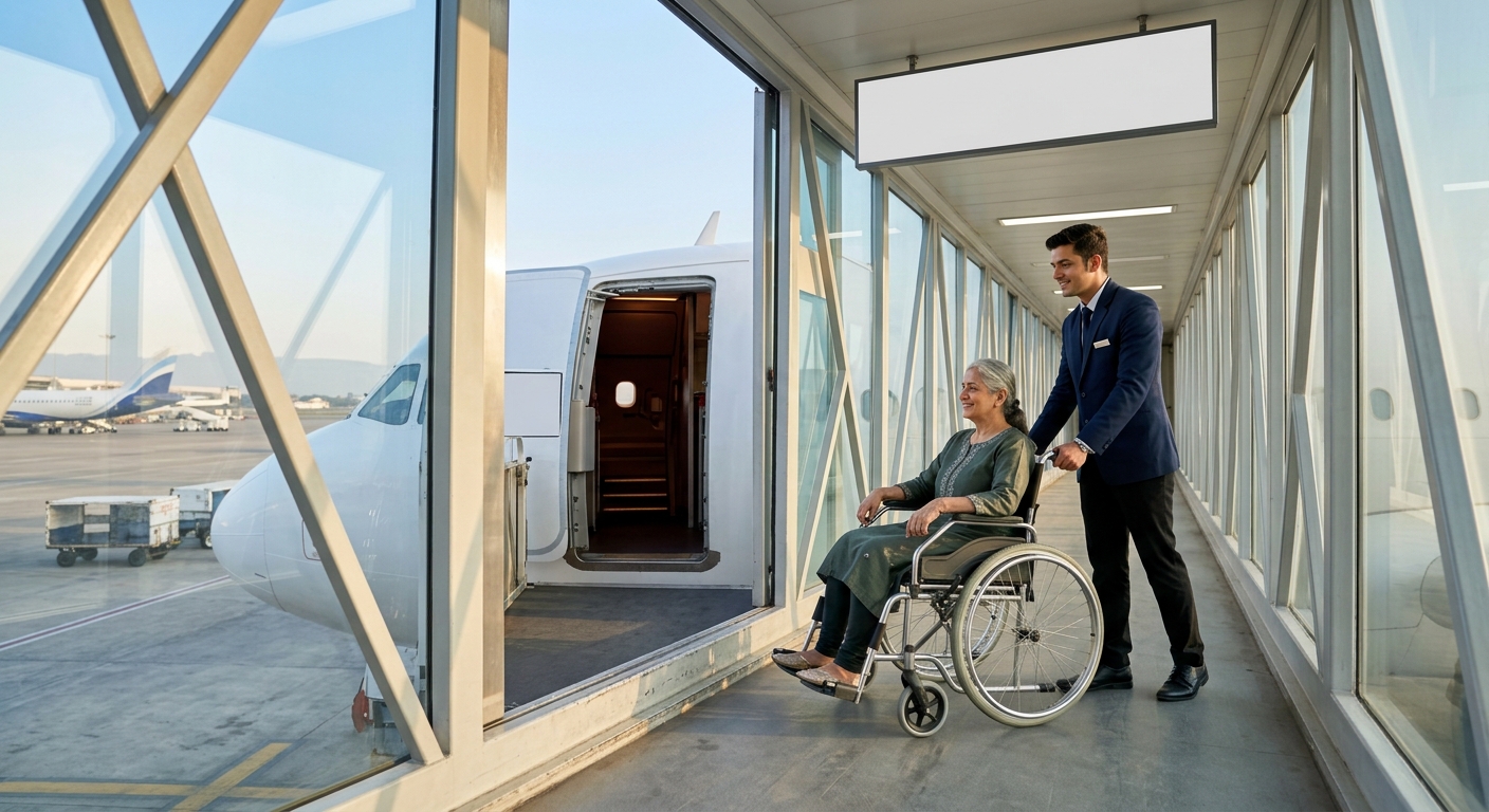 Passenger receiving wheelchair assistance at an Indian airport terminal