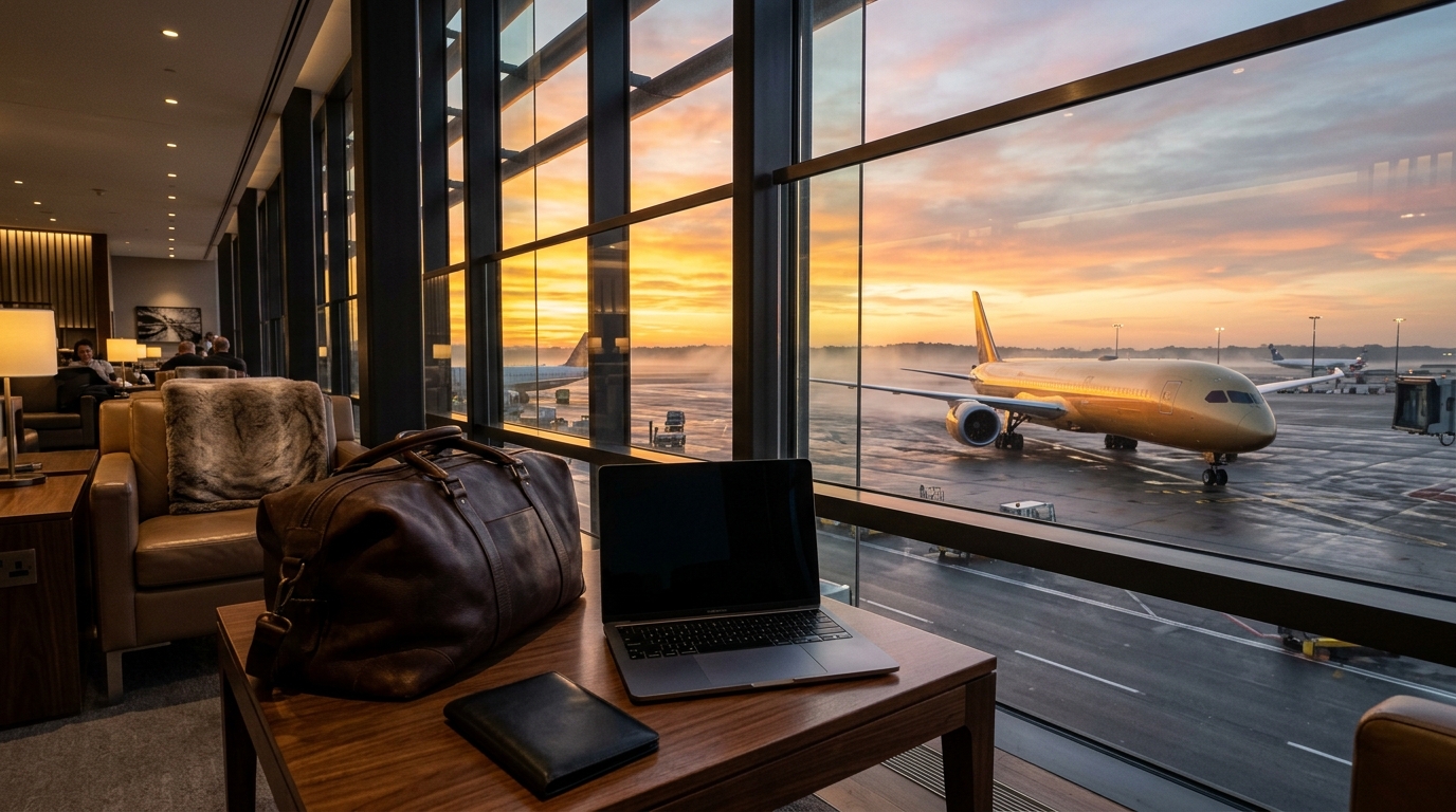 A laptop screen displaying a flight itinerary next to a passport representing how to get travel itinerary without paying