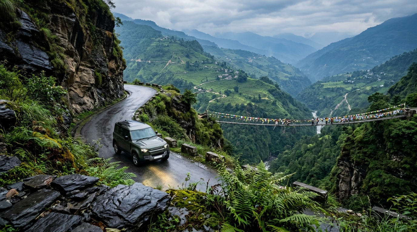 Indian registered SUV driving through winding mountain passes and scenic valley roads in Nepal