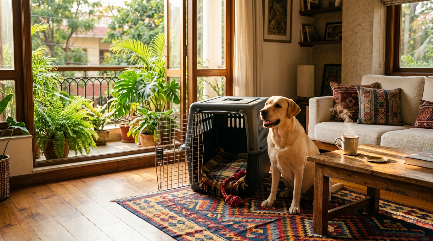 How to Travel with a Pet in Flight in India: Airline Rules, Charges & Complete Guide 2 A pet sitting happily next to travel gear after a successful flight