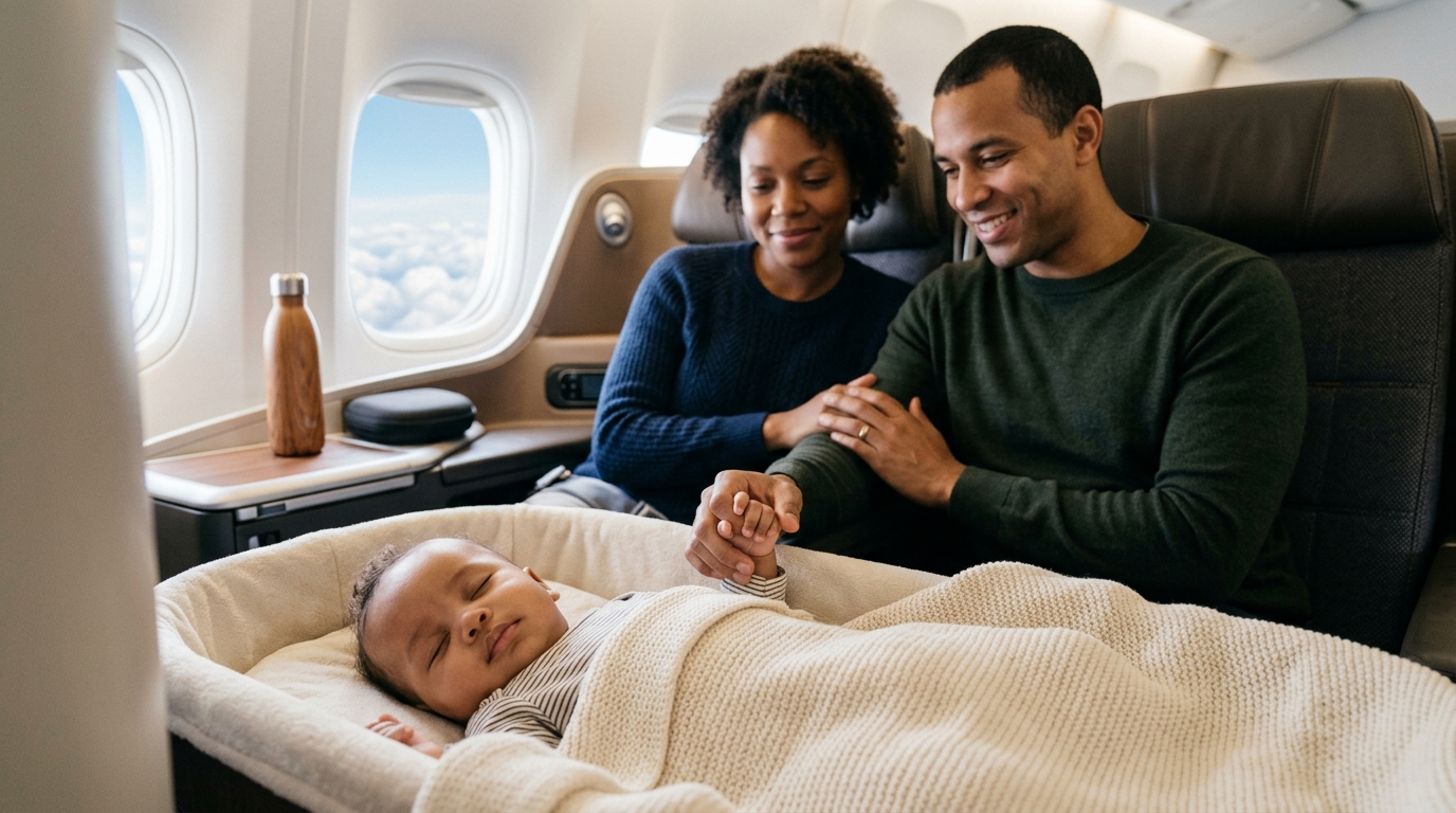 Infant Flight Ticket Rules in India: Baggage, Fares & Stroller Guidelines 2 A family sitting inside an airplane cabin following flight guidelines for infants