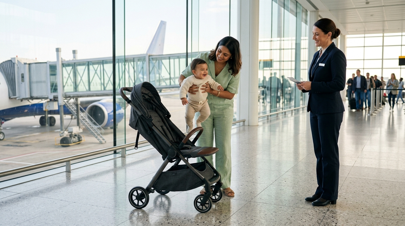 Infant Flight Ticket Rules in India: Baggage, Fares & Stroller Guidelines 1 A family preparing a stroller at the airport gate in compliance with infant flight ticket rules in India