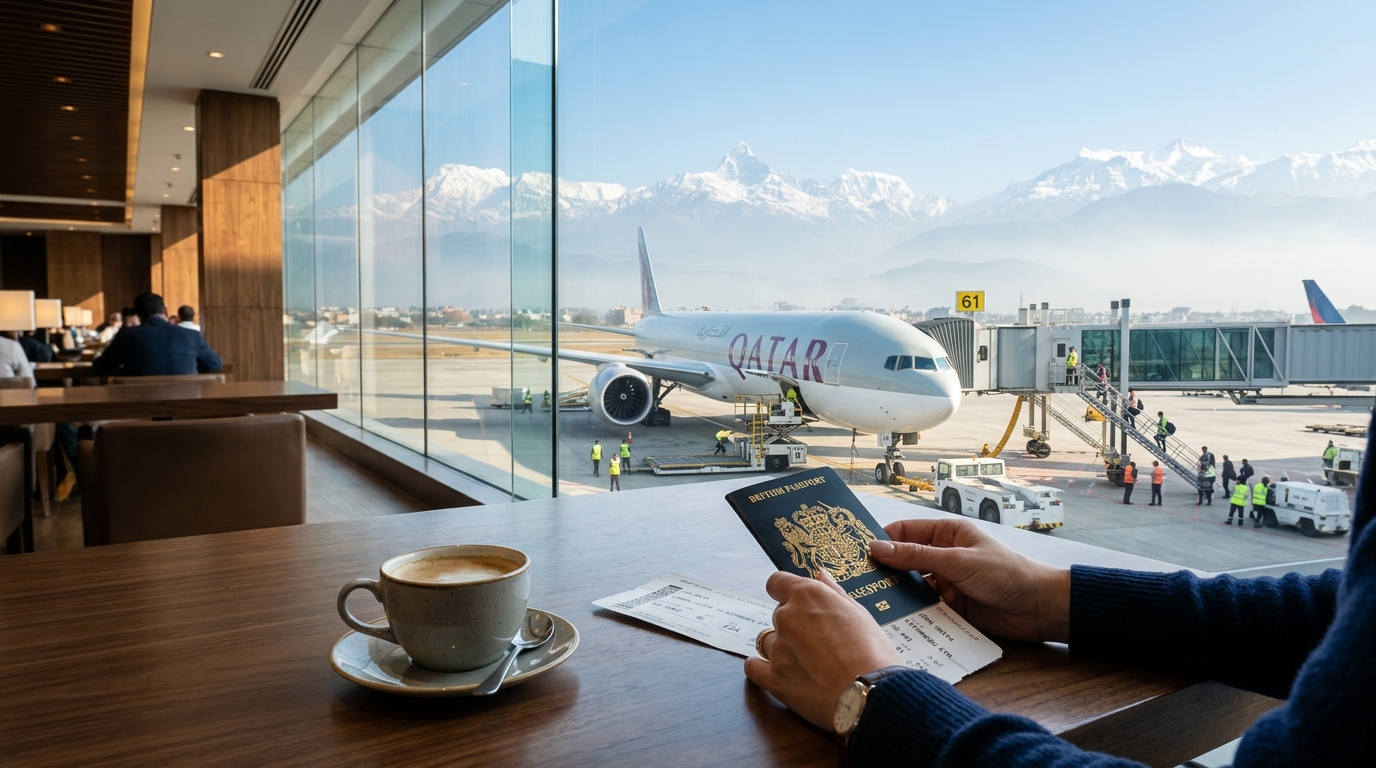 Flight flying over Himalayan peaks representing air travel from India to Nepal