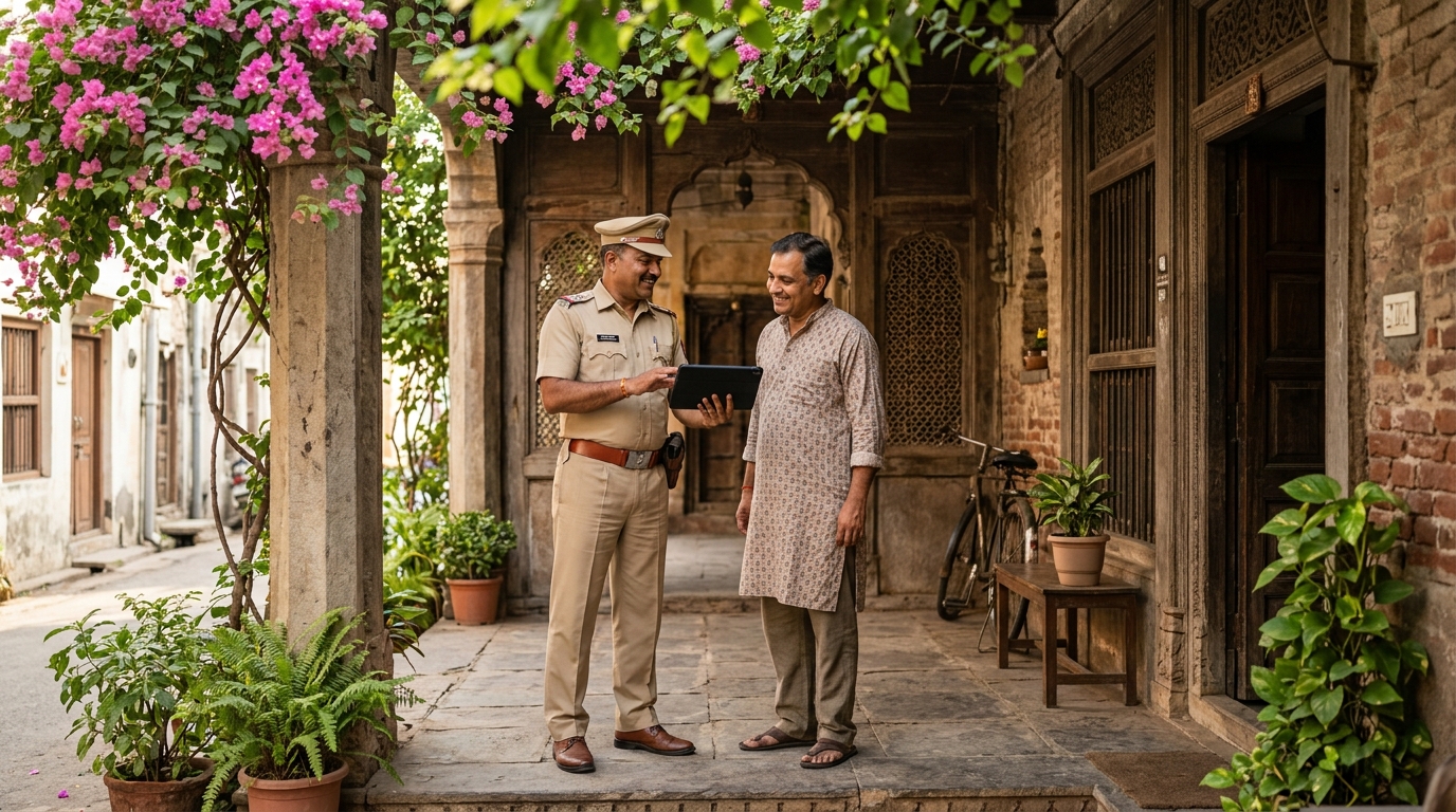 Police officer conducting field verification for passport renewal process in India