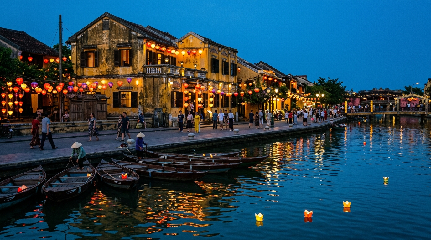 Scenic view of traditional boats and limestone cliffs in Ninh Binh, Vietnam