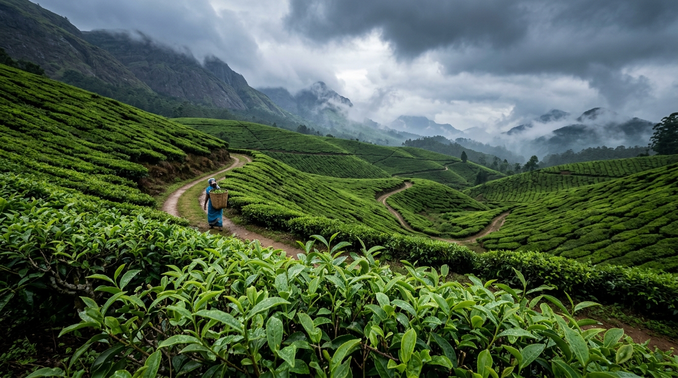 Scenic rain-washed tea plantations in Munnar, Kerala during June