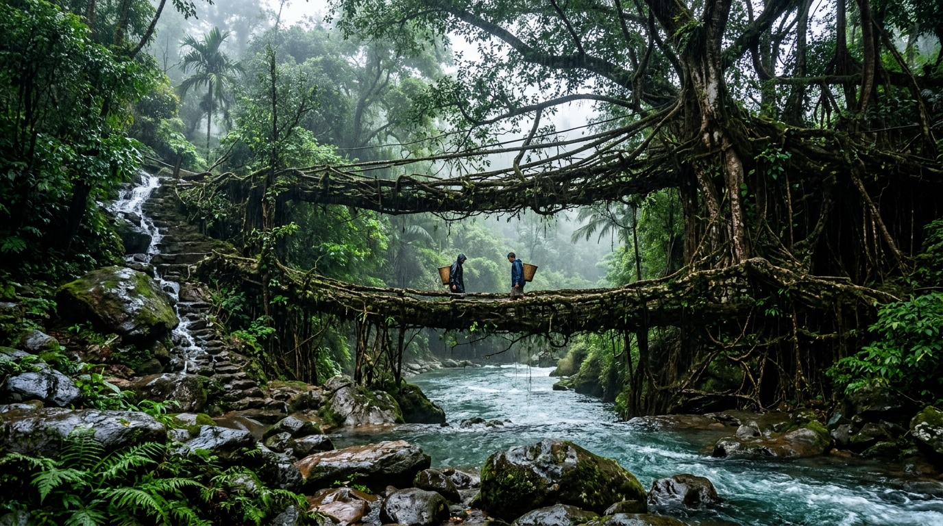 Mist-covered green mountains and lush landscape of Northeast India in June