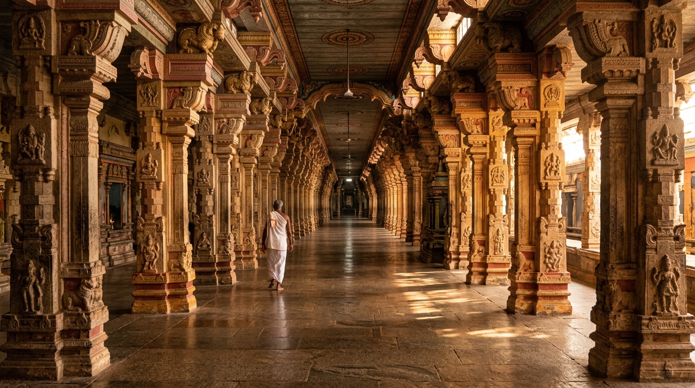 Devotees participating in a traditional prayer ritual inside a sacred temple complex
