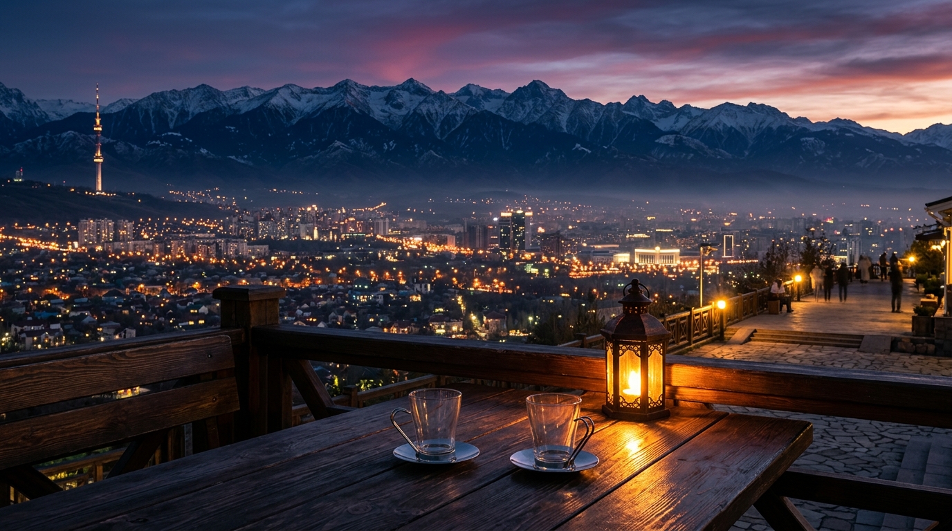 Stunning twilight skyline of Almaty city landscape, perfect for visitors using a Kazakhstan Almaty tour package from India
